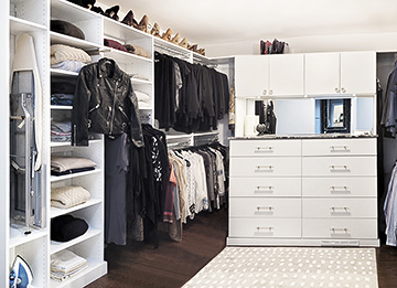 Primary Walk-In His Her Closet with Built-In Mirrored Dresser