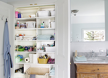 Bathroom Linen Closet with Sliding Hamper